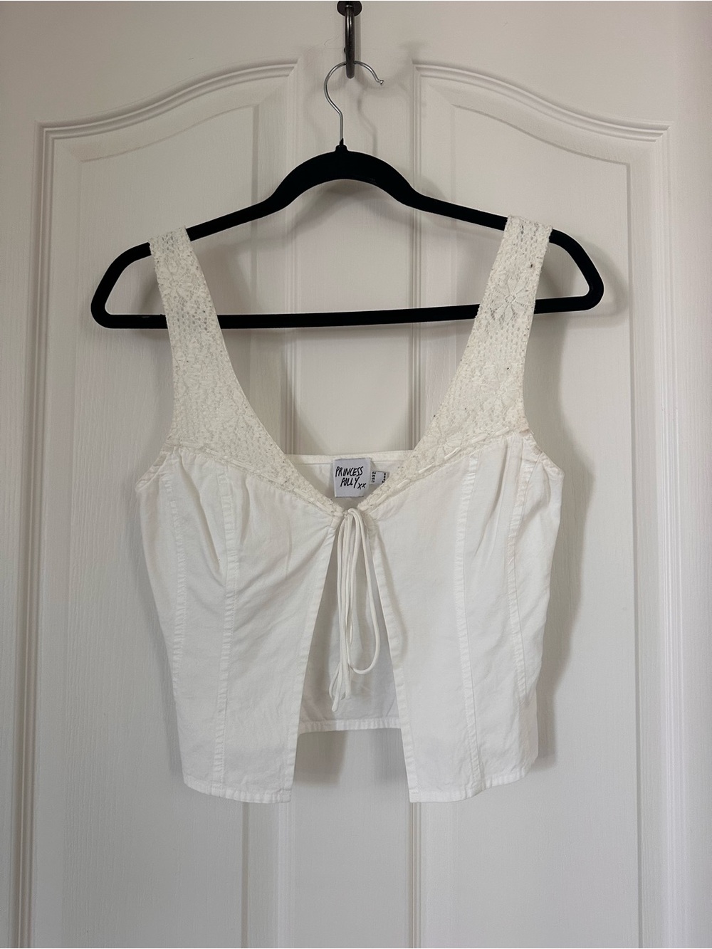 Princess Polly Cream Lace-Trim Tie Front Crop Top